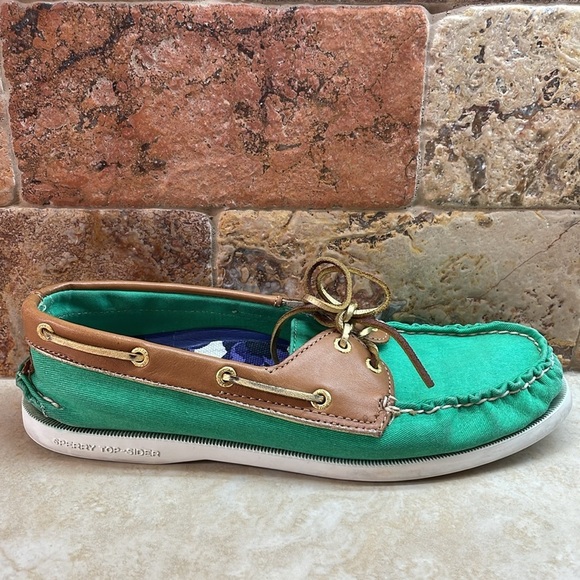 Milly for Sperry Top-Sider Green Canvas & Tan Leather Boat Shoes Sz 9 Slip-On - Picture 9 of 15
